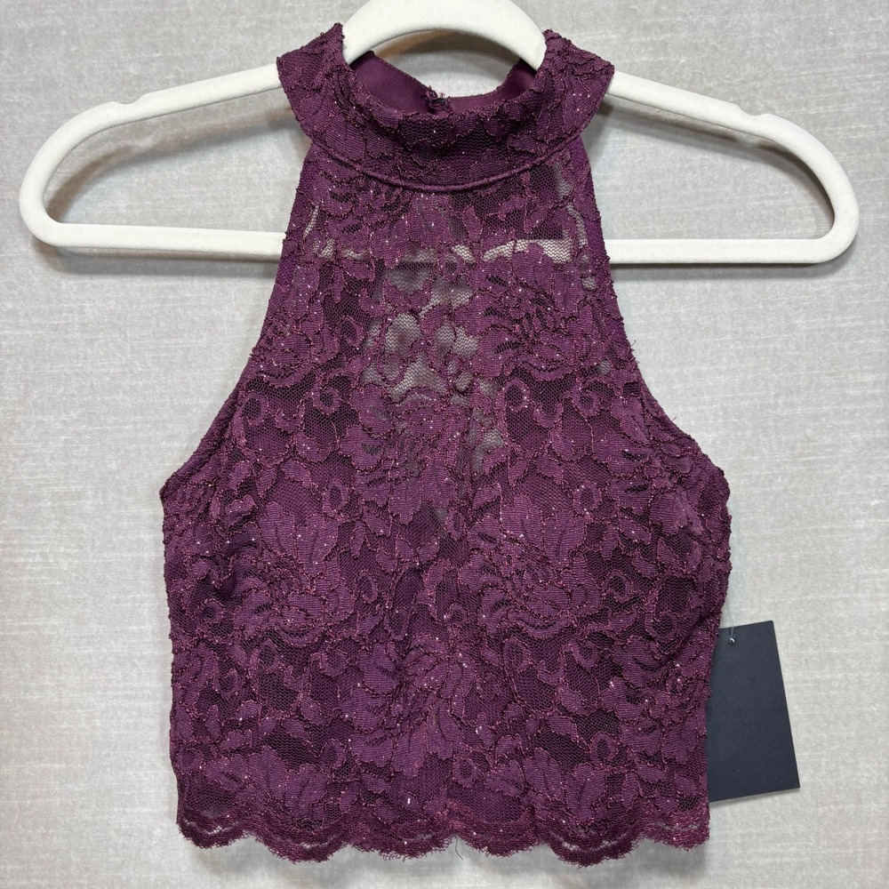 City Triangles Halter Crop Top Womens 5 Lace Glitter Formal‎